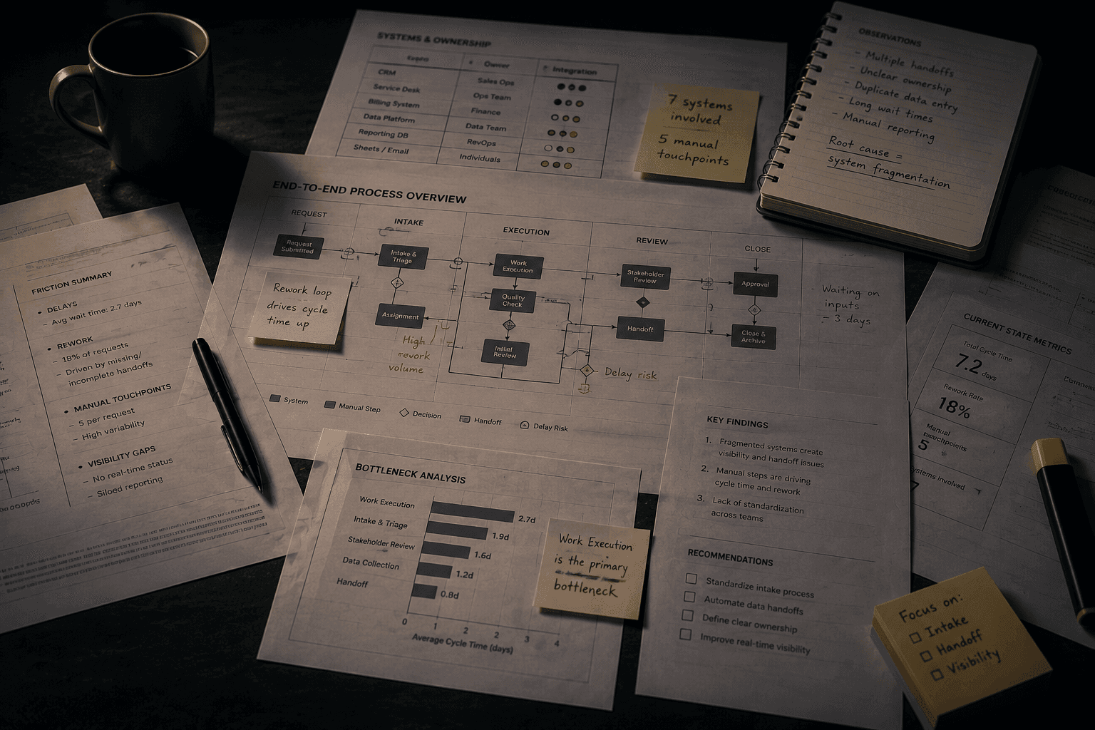 Operational audit materials showing workflow maps, notes, and process documents