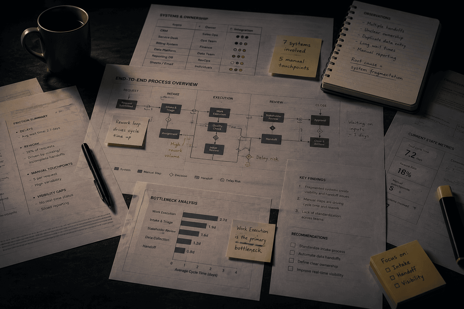 Operational audit materials showing workflow maps, notes, and process documents